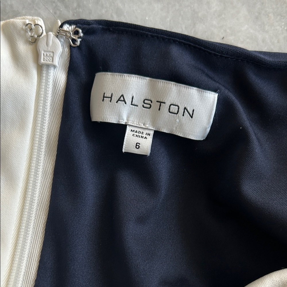 Halston Elegant Navy and White Women's Dress with Gold Belt | 6 - Picture 8 of 9